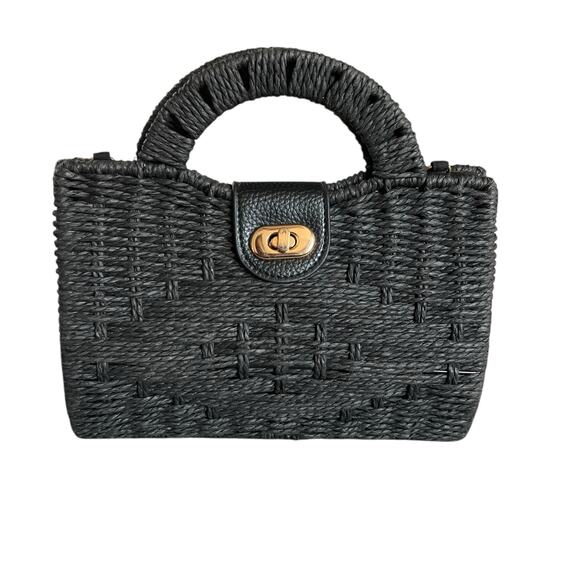 Forever 21 Black Woven Basket Handbag Purse Structured Top Handle Bag Turn Lock - Picture 1 of 10